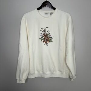 Classic Elements Women's Cream Floral Embroidered Crewneck‎ Sweatshirt XL